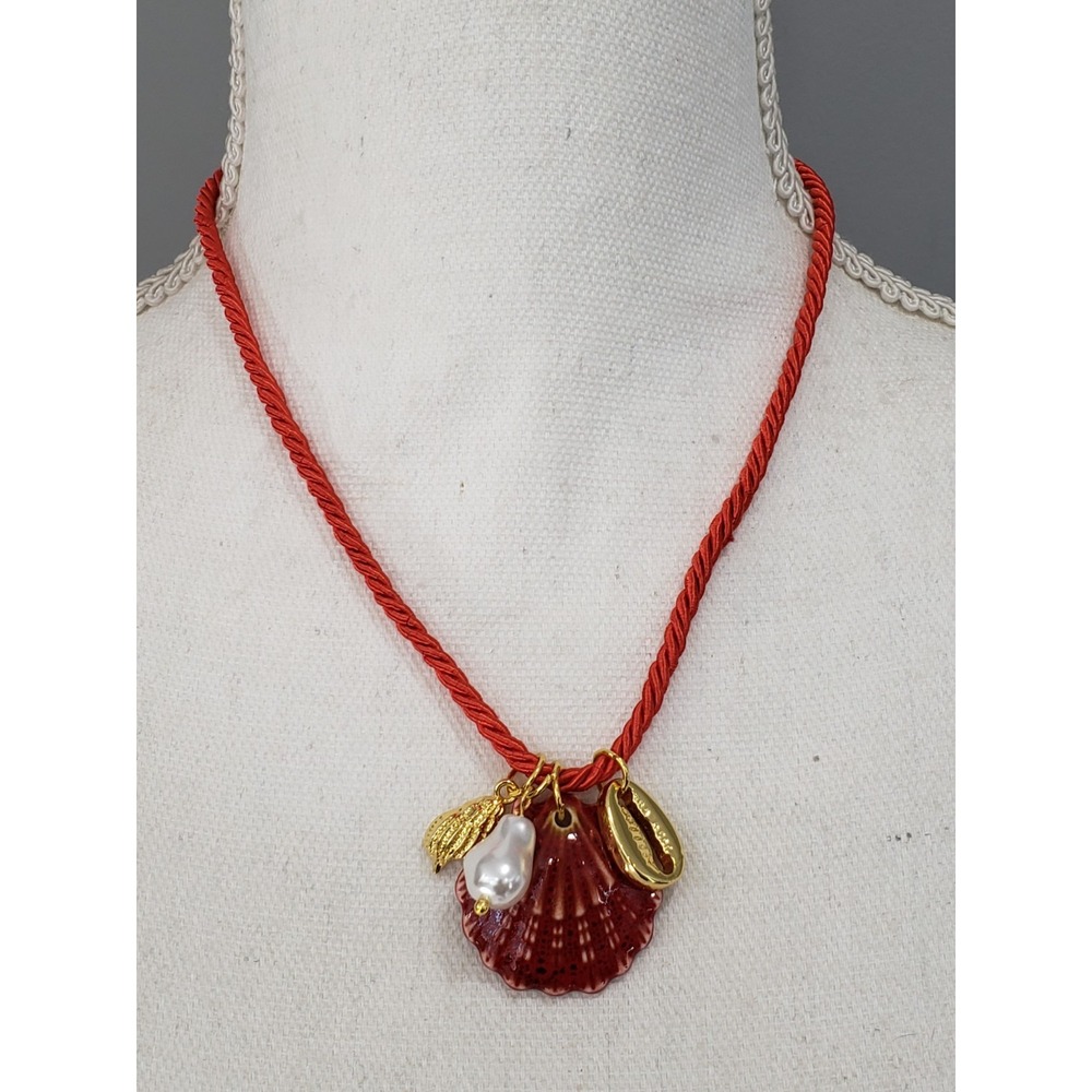 Mayamar Red Cord Charm Necklace Pearl Seashell Surfer Nautical Coastal Shell